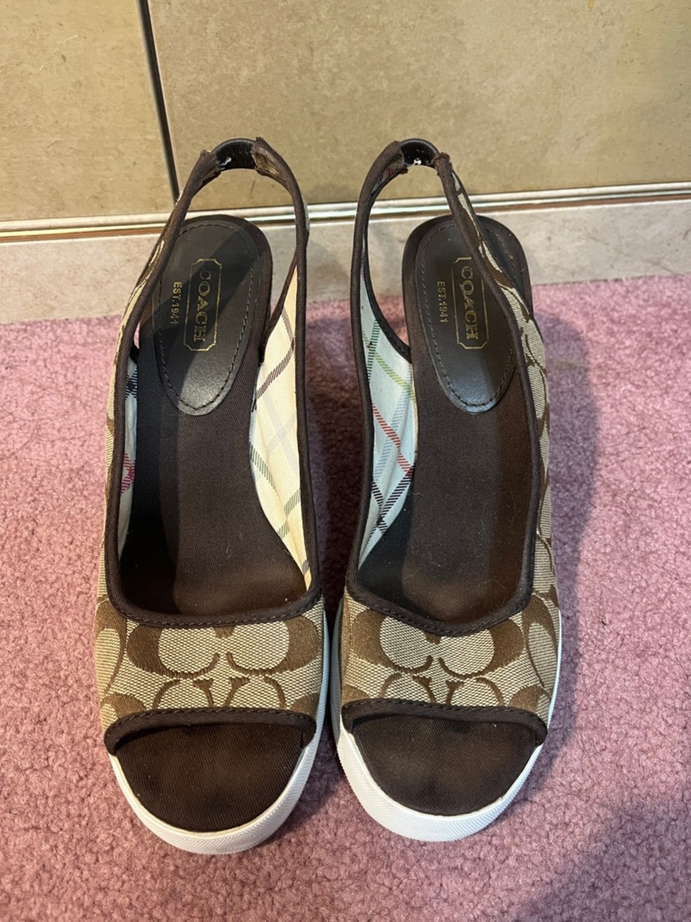 COACH Brown Signature Canvas Open-Toe Slingback Wedges